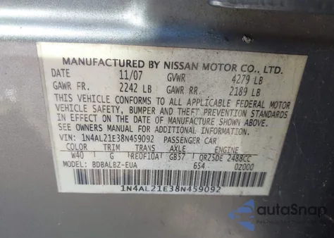 2008 Nissan Altima 2.5 S z USA, uszkodzony, nr VIN 1N4AL21E38N459092